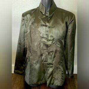 Ye Xuan Embroidered Dragon Chinese Silk Jacket Olive Green L